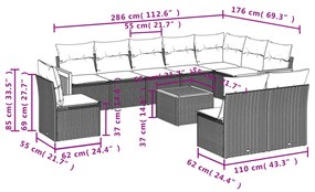 Set divani da giardino 11 pz con cuscini in polyrattan nero