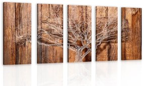 Quadri 5 pezzi – Albero su sfondo di legno
