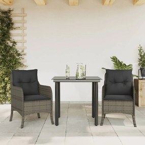 Set da pranzo da giardino 3 pz con cuscini in polyrattan grigio