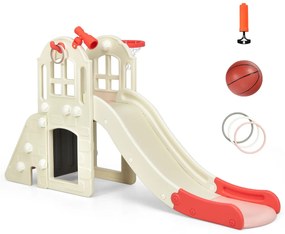 Costway Scivolo grande per bambini 6 in 1 con canestro palla lancio dell'anello e cannocchiale, Set da gioco Rosa