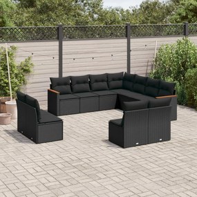 Set divani da giardino 11 pz con cuscini in polyrattan nero