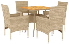 Set pranzo da giardino 5 pz con cuscini beige polyrattan acacia