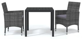 Set da pranzo per giardino 3 pz con cuscini polyrattan grigio