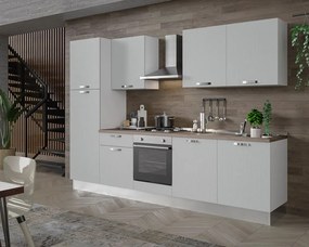 Cucina montata Dora bianco spatolato, lavello a sinistra, L 300 cm, completa di: cappa a camino, piano cottura a gas, forno e frigorifero