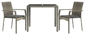 Set da pranzo da giardino 3 pz con cuscini in polyrattan grigio
