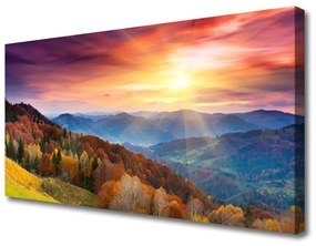 Foto quadro su tela Paesaggio del sole della montagna della foresta 100x50 cm
