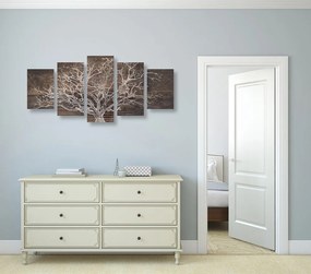 Quadri 5 pezzi – Corona dell'albero su sfondo di legno