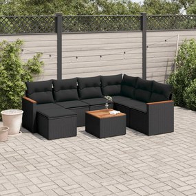 Set divani da giardino con cuscini 8 pz nero in polyrattan