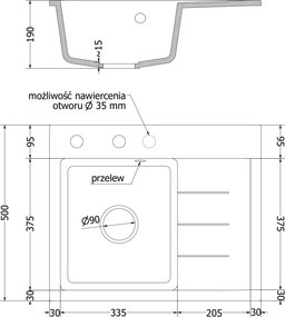 Mexen Ben lavello in granito 1-vasca con sgocciolatoio, sinistro 600 x 500 mm, bianco, sifone dorato - 6522605000-20-G