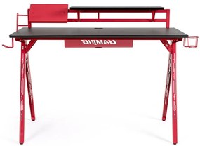 Scrivania GAMING in legno e pvc nero con base acciaio rosso, 135,5 x 60 cm