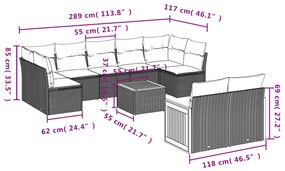 Set divani da giardino 10pz con cuscini in polyrattan nero