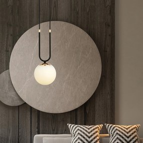 Sospensione Contemporanea 1 Luce Glam In Acciaio Nero Oro E Sfera Vetro Opalino