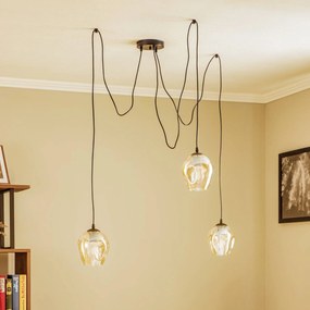 EMIBIG LIGHTING Lampada a sospensione Starla, vetro ambrato, a 3 luci decentrata