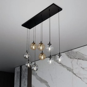 Lampadario a Sospensione in Acciaio e Vetro COSMO 9 Nero 9xE14 Colore delle Sfere Grafite, Trasparente, Ambrata