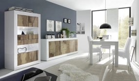 Sala da pranzo bianca lucida e pero moderna, con tavolo allungabile, madia e vetrina