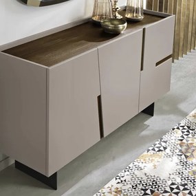 Madia credenza 3 ante inserti teak con scocca Tortora GIRONA con 2 piedini