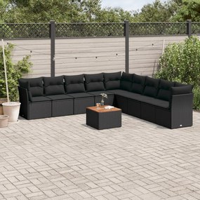 Set divani da giardino 10pz con cuscini in polyrattan nero