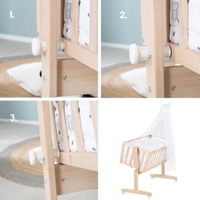 Culla di colore naturale in faggio massiccio con ruote e baldacchino 40x90 cm – Roba