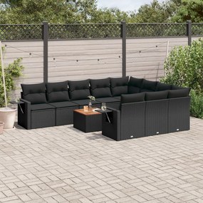 Set divani da giardino 11 pz con cuscini in polyrattan nero