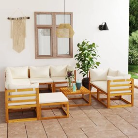 Set Divani da Giardino 10 pz con Cuscini Crema Massello Acacia