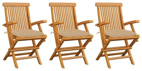 Sedie da giardino con cuscini beige 3 pz massello di teak