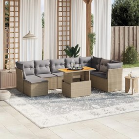 Set divano da giardino 9 pz con cuscini beige in polyrattan