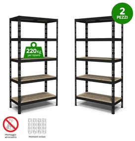 Set di 2 scaffali 5 ripiani POWERFUL L 100 x P 40 x H 180 cm nero, portata per ripiano 220 kg