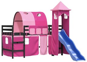 Letto a soppalco con torre bambini rosa 90x190cm massello pino