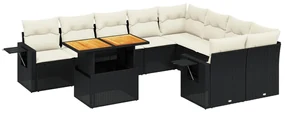 Set divani da giardino 10pz con cuscini in polyrattan nero