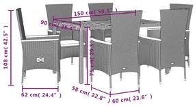 Set da pranzo da giardino 7 pz nero con cuscini in polyrattan