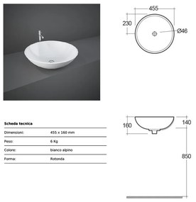 Lavabo da Appoggio tondo d. 45,5 x h. 16 cm Rak Diana in ceramica bianco lucido