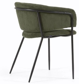 Kave Home - Sedia Runnie in velluto a coste verde scuro con gambe in acciaio verniciato nero