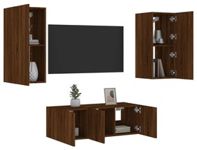 Mobili Tv A Muro Con Led 4pz Rovere Marrone Legno Multistrato /