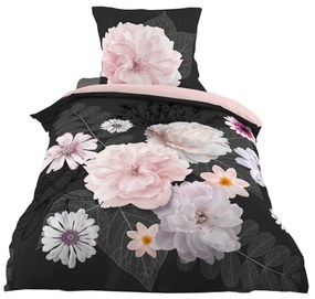 Biancheria da letto nera/rosa in cotone per letto singolo 140x200 cm Floral – douceur d'intérieur