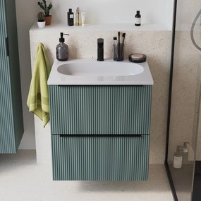 Mobile bagno sospeso Neo Groove L 61 x H 68 x P 49 cm, 2 cassetti con maniglia nero matt, lavabo in resina con vasca centrale Icone incluso, verde salvia cannettato