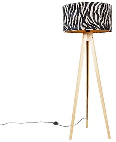 Lampada da terra in legno con paralume in tessuto zebrato 50 cm - Tripod Classic