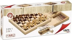 Set 3 Giochi da Tavolo Cayro 648 Legno 29 x 29 cm 3 in 1 Scacchi Backgamon Dama