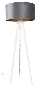 Lampada da terra treppiede bianca paralume velluto grigio 50 cm - TRIPOD CLASSIC