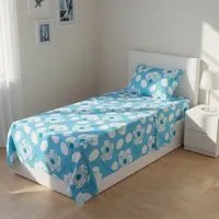 Completo letto singolo azzurro fiori bianchi