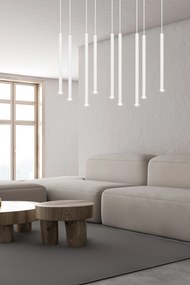 Lampadario 9 Luci Moderno Selter Acciaio Bianco E Paralumi A Cilindri Sottili