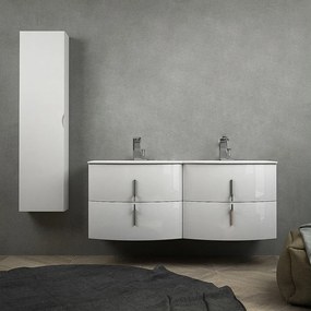 Mobile bagno doppio lavabo 140 cm bianco lucido sospeso con colonna da 140 cm