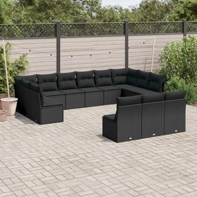 Set divani da giardino 13pz con cuscini nero in polyrattan