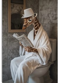 Quadro su tela – Giraffa con giornale in bagno