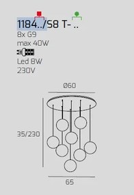 Sospensione cromo 8 luci tonda vetri 4x tr + 4x am 1184cr-s8 t-ta