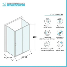 Box doccia 3 lati 70x150x70 cm con porta scorrevole in vetro serigrafato Ted