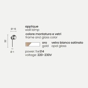 Applique D15 cm JEWEL in metallo Oro e diffusore in vetro soffiato Bianco satinato