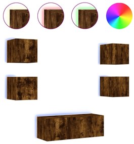 Mobili tv a muro con led 6pz rovere fumo in legno multistrato