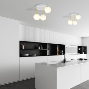 Plafoniera Contemporanea 3 Luci Teseo In Acciaio Bianco Oro E Sfere Vetro Bianco