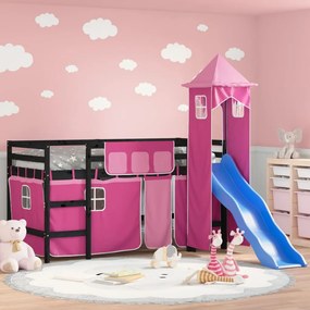 Letto A Soppalco Con Torre Bambini Rosa 90x200cm Massello Pino /
