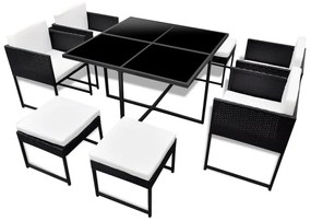 Set da Pranzo da Esterno 9 pz con Cuscini in Polyrattan Nero